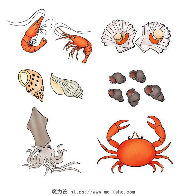 海鲜简笔画卡通小龙虾海鲜大餐虾扇贝乌贼海底生物元素